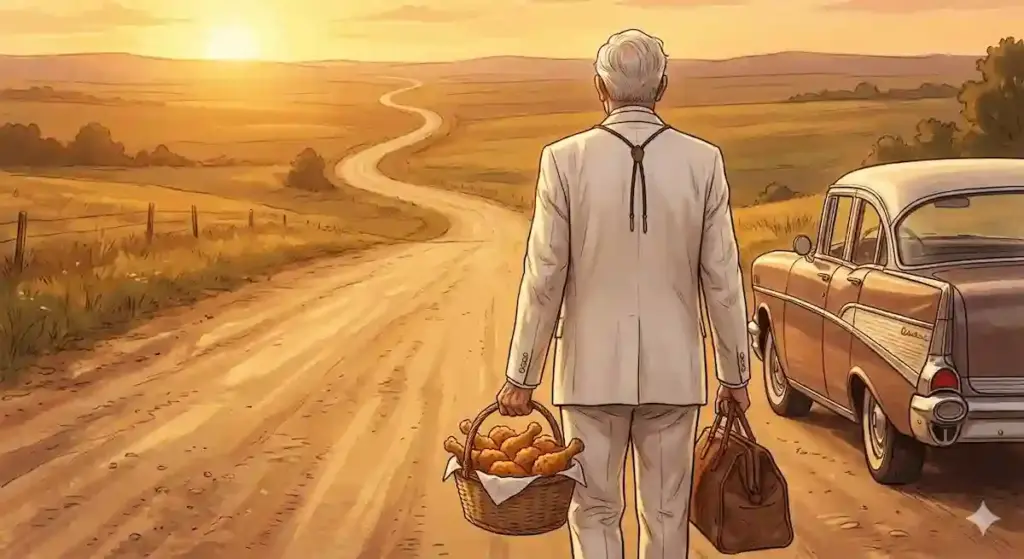 カーネルサンダースがフライドチキン片手に車で営業に向かう様子